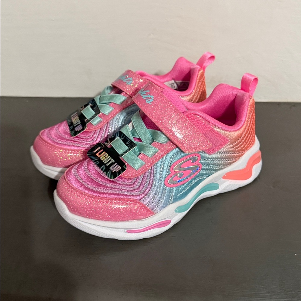 SKECHERS Girls S Sport Mae Star Print Light Up Sneakers Pink Sz 8 TODDLER